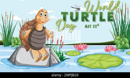 Cheerful turtle on a rock celebrating World Turtle Day Stock Vector