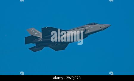SINGAPORE - MARCH 6, 2024: USAF F-35A Lightning II stealth fighters of 356th Expeditionary Fighter Squadron (Green Demons) Stock Photo