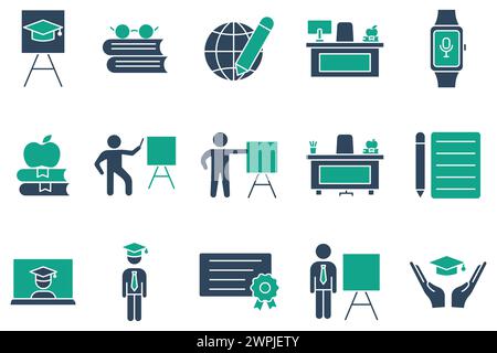 education icons. teacher, teacher desk, graduation hat, pencil and notepad, book, student. set of icons related to education. solid icon style. naviga Stock Vector