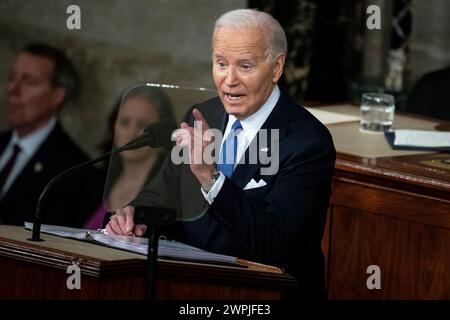 Washington, USA. 07th Mar, 2024. President Joe Biden delivers the annual State of the Union address, in the House Chamber on Capitol Hill, on March 7, 2024 in Washington, DC (Graeme Sloan/Sipa USA) Credit: Sipa USA/Alamy Live News Stock Photo