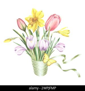 Tulips, daffodils and crocuses flowers bouquet with silk ribbon and yellow butterfly. Isolated hand drawn watercolor illustration. Blossom spring gard Stock Photo