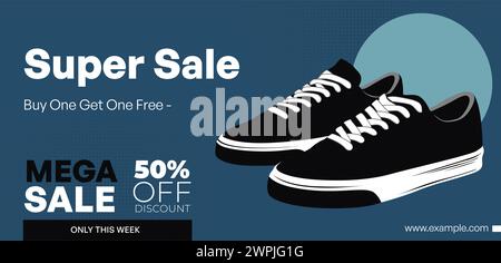 A pair of shoes with a discount is on sale. The shoes are black and white Stock Vector