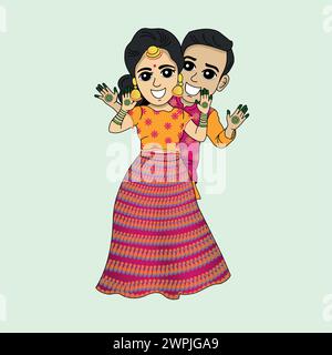 Indian cute bride and groom cartoon character wedding theme Stock Vector