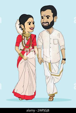 Indian cute bride and groom cartoon character wedding theme Stock Vector