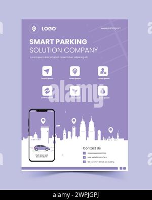 A smart parking poster with a phone and a city skyline. The poster is purple and white Stock Vector