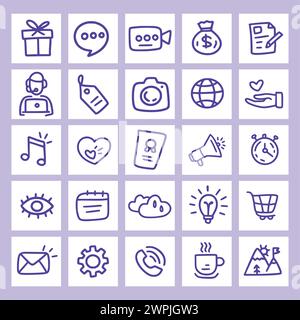 A collection of cartoon icons including a camera, a clock, a microphone, a heart, a cup, a book, a dollar sign, a smiley face, a hand, a globe, a moun Stock Vector