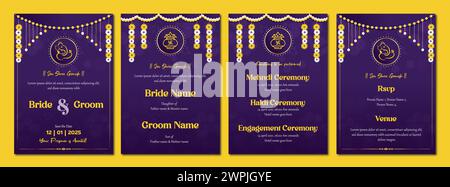 A set of four purple wedding invitations with gold trim. The invitations feature a bride and groom design and are for a wedding ceremony Stock Vector