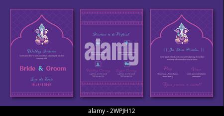 A set of four purple wedding invitations with neon trim. The invitations feature a bride and groom design and are for a wedding ceremony Stock Vector