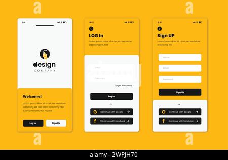 Three different screens of a mobile app with a yellow background and a logo that says Design. The app is designed to be user-friendly and visually app Stock Vector