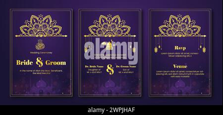 Three purple wedding invitations with gold trim and gold lettering. The invitations are for a wedding and are designed to be elegant and sophisticated Stock Vector