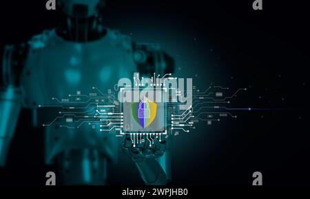 3D robotic render with cyber security icon on circuit diagram. The program warns of computer virus attacks and eliminates them , technology concept Stock Photo