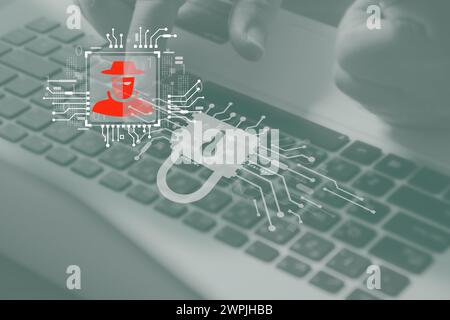 hacker attacked computer chip while business worker can work under firewall protection. Stock Photo