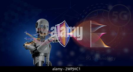 AI technology cyber security protect business by firewall program . 3D robotic  with data flow diagram text 5G Technology world wild cyber security Stock Photo