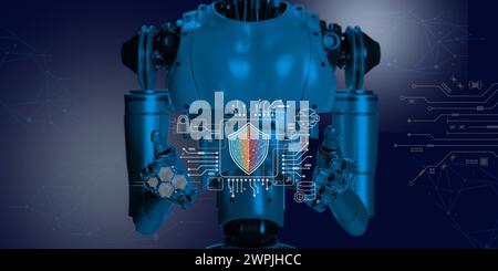 3D robotic render background with cyber security icon on circuit diagram , technology concept Stock Photo