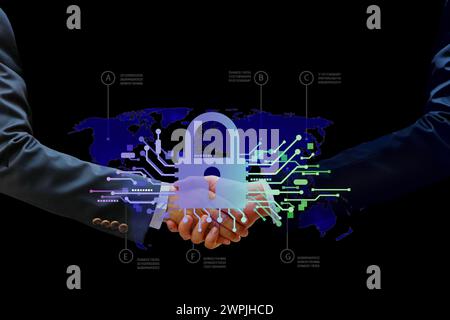 cyber security icon with marking on world map on businessman hand shake security join world wild Stock Photo