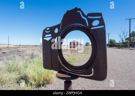 Ironwork sculptures showing the Old Ghan viewed through a camera in the small village of Parachilna, Flinders Ranges, South Australia, Australia Stock Photo