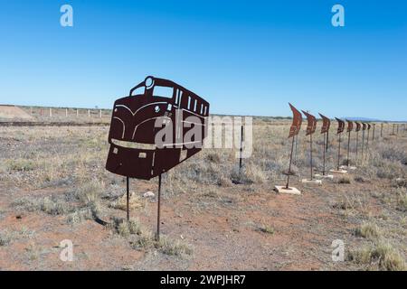 Ironwork cut out showing the Old Ghan in the small Outback village of Parachilna, Flinders Ranges, South Australia, Australia Stock Photo