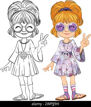 Cartoon girl in hippie attire showing peace sign. Stock Vector