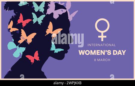 A woman's face with butterflies on it is the background of a poster for International Women's Day Stock Vector