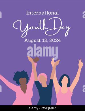 A group of people walking down a street on International Youth Day. The poster is yellow and white and has a happy message Stock Vector