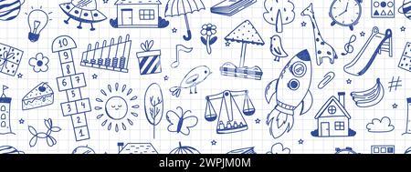 Seamless pattern with kindergarten doodles. Butterfly, toys, flower, umbrella, house, sun, tree, animals and other elements. Scribbled with chalk text Stock Vector