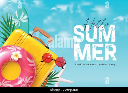 Summer hello greeting vector design. Hello summer greeting text with luggage yellow bag, floaters, sunglasses and surfboard elements for tropical Stock Vector