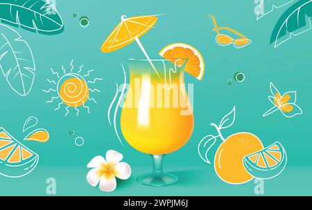 Summer juice drink vector design. Summer tropical lemon and orange fruit flavor in glass beverage for season refreshment drink promotion. Vector Stock Vector