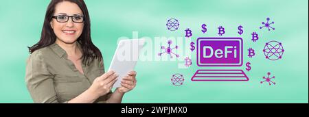 Woman using digital tablet with defi concept on background Stock Photo