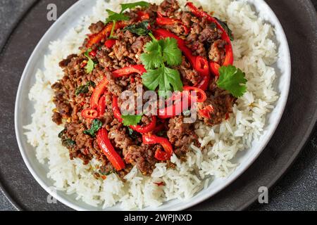 close-up of Thai holy basil stir fry with beef, pad kra pao, served over jasmine rice on plate with chopsticks on concrete table Stock Photo