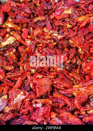 Dry tomatoes for sale in a stall of the Ortigia market - Syracuse, Sicily, Italy Stock Photo