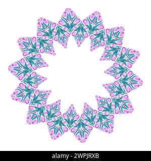 Vector frame with crocuses, foliages and place for text. Decorative wreath of spring flowers and copy space isolated from background. Floral bouquet Stock Vector