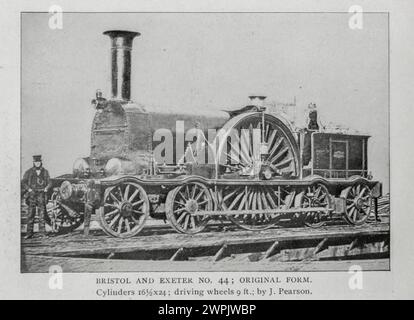 BRISTOL AND EXETER NO. 44; ORIGINAL FORM. Cylinders 16.5x24 ; driving wheels 9 ft.; by J. Pearson. from the Article NOTABLE SPEED-TRIALS OF BRITISH LOCOMOTIVES.By Charles Rous-Marten. from The Engineering Magazine Devoted to Industrial Progress Volume XV 1898 The Engineering Magazine Co Stock Photo