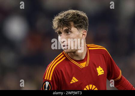 Roma’s Italian forward Tommaso Baldanzi looks during UEFA Europa League Round of 16 first leg match between AS Roma vs Brighton and Hove Albion at Olimpico stadium on March 07, 2024 in Rome, Italy. Stock Photo
