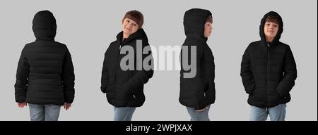 Mockup of a black puffer jacket on a girl, a set of children's warm clothes, front, side, back view, for design, pattern, branding. Template of trendy Stock Photo