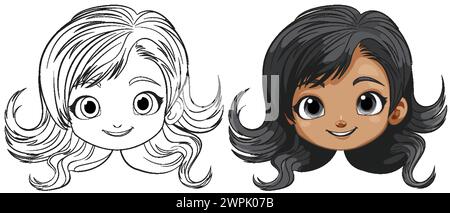 Two cartoon girls with different hair and skin tones. Stock Vector