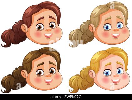Four smiling cartoon faces of different girls. Stock Vector