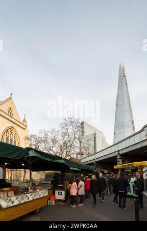 UK, London, view from Borough Market with  Southwark Cathedral and the Shard in the background. Stock Photo