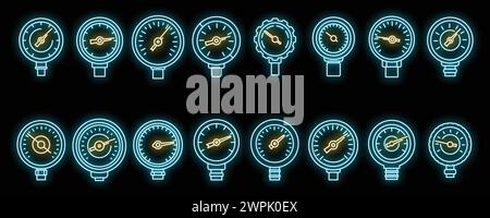 Gauge manometer icons set outline vector. Pressure meter. Machine sensor neon isolated Stock Vector