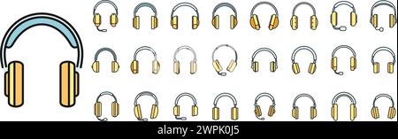 Audio headset icons set outline vector. Call accessory. Cord headset color line isolated Stock Vector
