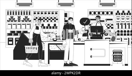 Wireless paying at grocery black and white line illustration Stock Vector