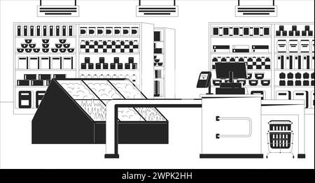 Supermarket checkout counter black and white line illustration Stock Vector