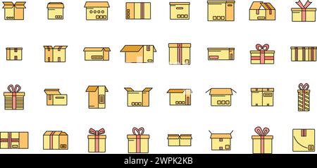 Box icons set outline vector. Gift present. Close surprise color line isolated Stock Vector