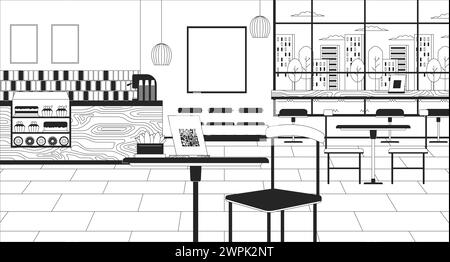 Coffee shop interior with qr code stand black and white line illustration Stock Vector