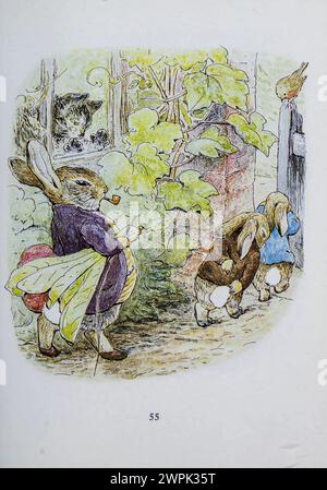 The Tale of Benjamin Bunny is a children's book written and illustrated by Beatrix Potter, and first published by Frederick Warne & Co. in September 1904. The book is a sequel to The Tale of Peter Rabbit (1902), and tells of Peter's return to Mr. McGregor's garden with his cousin Benjamin to retrieve the clothes he lost there during his previous adventure. Stock Photo