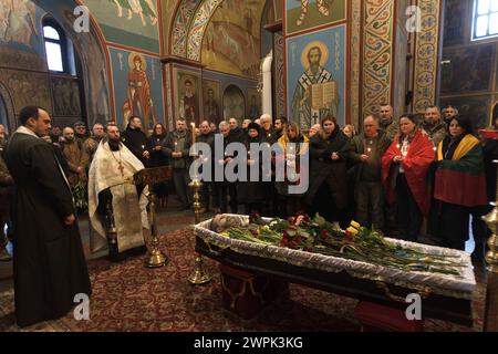 KYIV, UKRAINE - MARCH 7, 2024 - A priest swings the censer at the ...