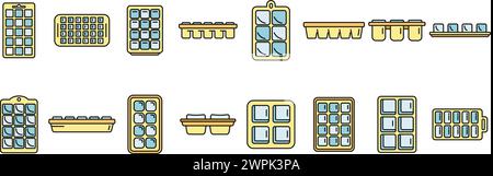 Ice cube trays icons set outline vector. Cool container. Kitchen freezer color line isolated Stock Vector
