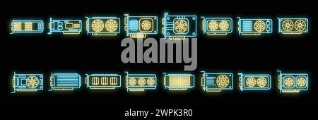 Graphics card icons set outline vector. Video board. Chip game neon isolated Stock Vector