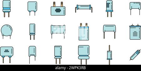 Capacitor icons set outline vector. Polyester ceramic capacitor. Bipolar condeser color line isolated Stock Vector