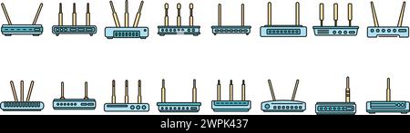 Modem icons set outline vector. Internet router. Lan port access color line isolated Stock Vector