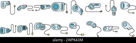 Retractable dog leash icons set outline vector. Animal leather. Carabiner accessory color line isolated Stock Vector